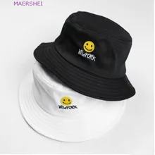 MAERSHEI мультфильм улыбка вышивка рыбак шляпа женский японский Harajuku Черный и белый цвета хлопок Любители pots