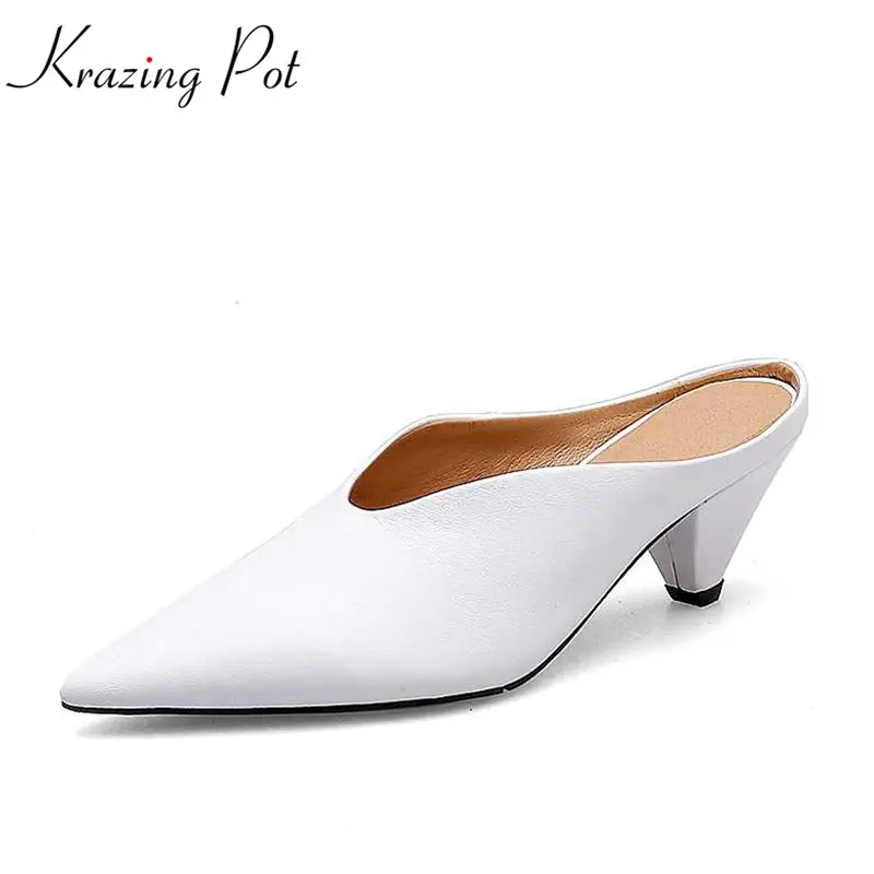 

Krazing pot 2019 new cow leather slip on slingbacks pointed toe med heels concise style women pumps high fashion women mules L18