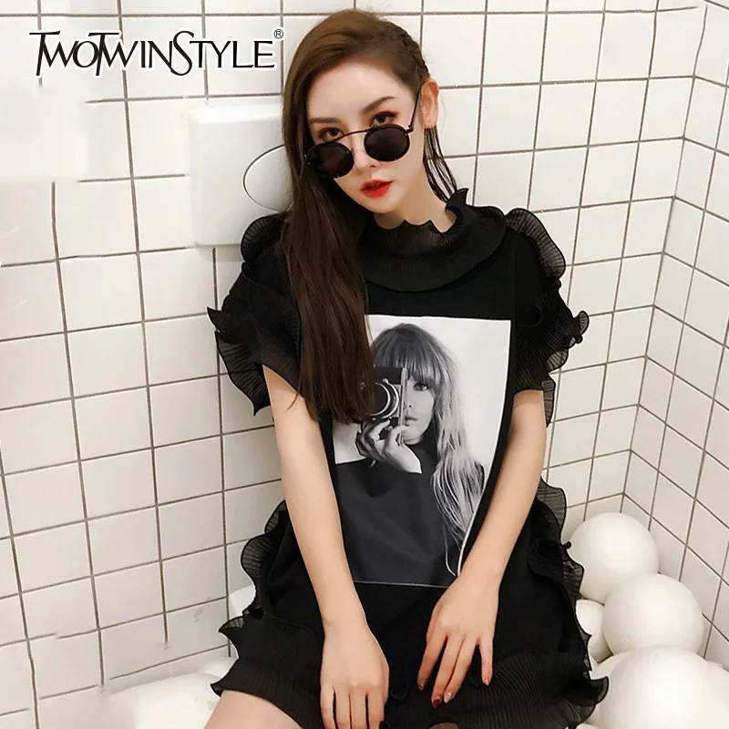 

TWOTWINSTYLE Print T Shirt Female Ruffles Patchwork Stand Collar Sleeveless Big Size T Shirts 2019 Summer Fashion New Clothing