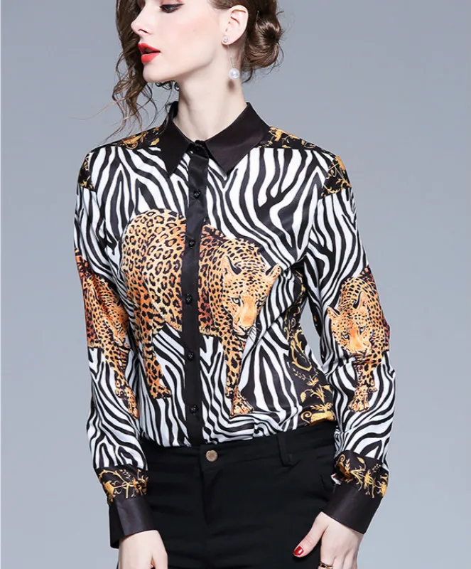 2019 Spring European Fashion Long Sleeve Tiger Print Shirts Women
