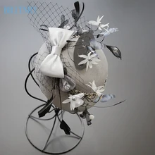 BRITNRY, винтажная Серебряная Свадебная шляпа, перо, с цветами, вуалетки для женщин, элегантные, высокое качество, вечерние, свадебная шляпа