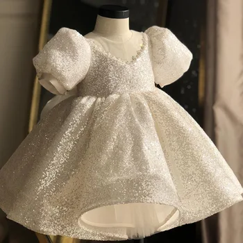 

Bling Baby Girls Princess Dress Ball Gown Sequined Flower Girl Dresses Wedding Bowknot Lantern Sleeve Kids Birthday Dress B447
