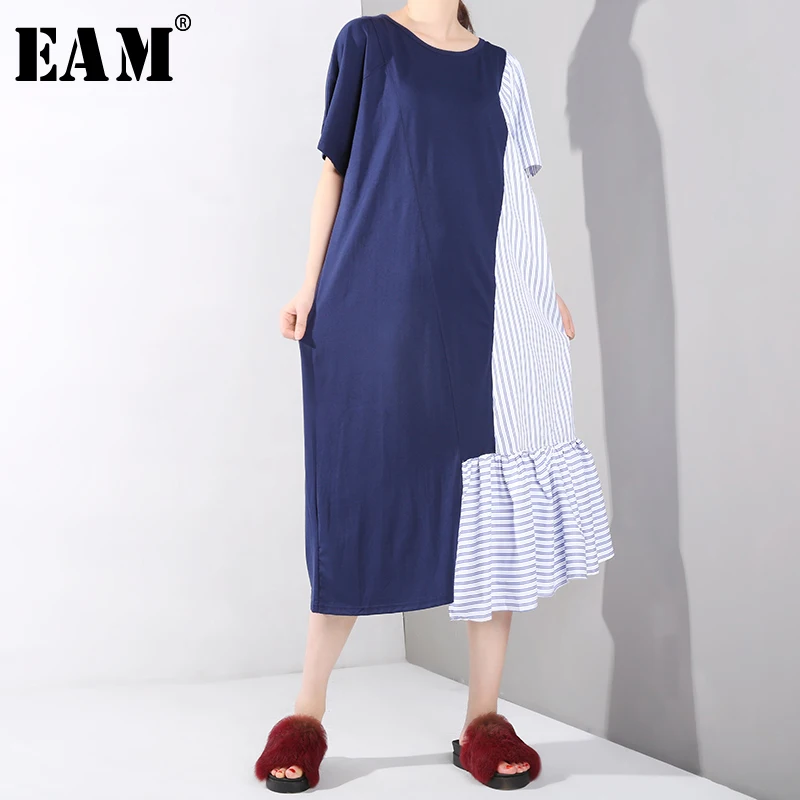 

[EAM] 2019 New Spring Summer Round Neck Short Sleeve Hit Color Striped Split Joint Loose Big Size Dress Women Fashion Tide JU746