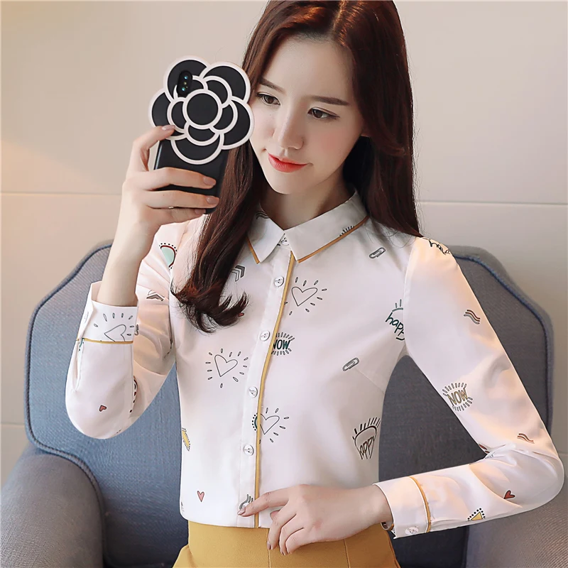 الأزياء طويلة الأكمام طباعة الأبيض OL بلوزة النساء قمم و البلوزات 2019 بلوزة شيفون قميص المرأة Blusa الأنثوية قميص 1028 40