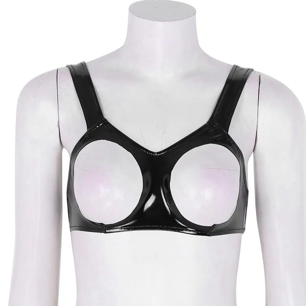 Womens Sexy Lingerie Wetlook Open Cups Bra for Women Clubwewar Faux Leather Bra Underwear Vest Tank Crop Tops Sleeveless