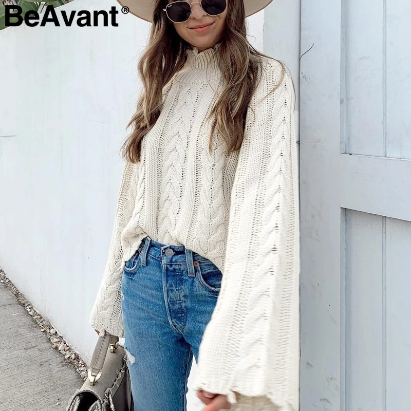 

BeAvant White turtle neck sweater women Flare sleeve tassel female knitted pullovers jumper Autumn winter ladies sweaters 2019
