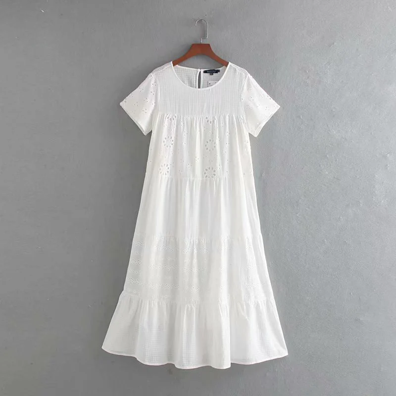 

Embroidery Midi Dress Spring Summer Hollow Out White Cotton Dress Short Sleeve Elegant Party Vestido Dresse