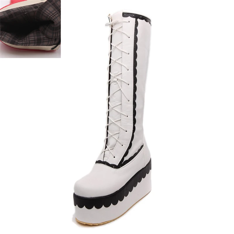 KarinLuna/Новинка; обувь для девочек на толстой платформе в стиле пэчворк для костюмированной вечеринки Модные женские зимние ботинки на меху на высокой танкетке со шнуровкой - Цвет: white