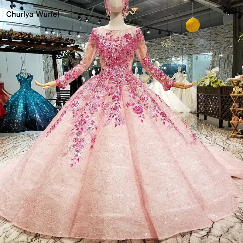 LS66880 muslim colorful cheap evening dress long sleeves o-neck pink flowers ball gown beauty girls pageant dress with headwear