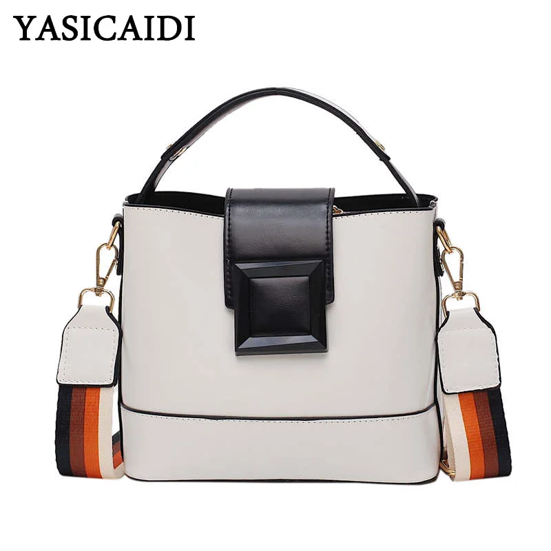 

YASICAIDI Women Handbags Portable Casual Tote Wide Shoulder Strap Crossbody Bag Rivet Leather Messenger Bag bolso de mano mujer