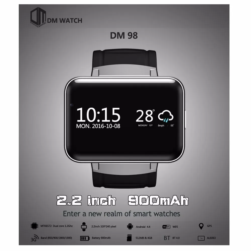 Prix pour D'origine DOMINO DM98 2.2 pouce Android 4.4 3G Smartwatch Téléphone MTK6572 Dual Core 1.2 GHz 4 GB ROM Caméra Bluetooth GPS Intelligent montre Prix pour D'origine DOMINO DM98 2.2 pouce Android 4.4 3G Smartwatch Téléphone MTK6572 Dual Core 1.2 GHz 4 GB ROM Caméra Bluetooth GPS Intelligent montre