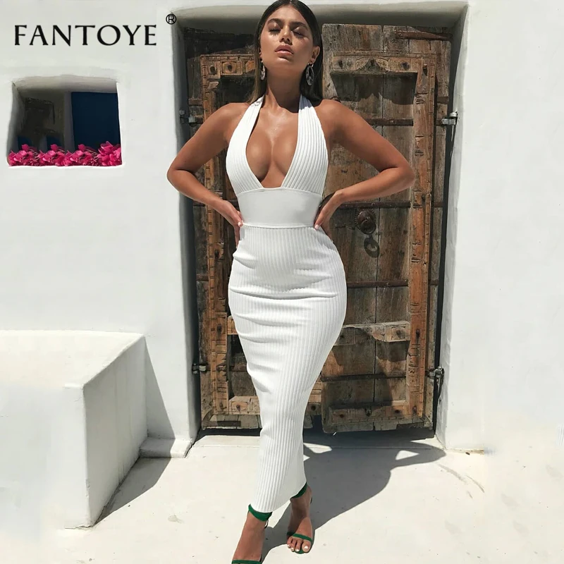 Fantoye Women Halter V-Neck Party Dresses 2019 Autumn Summer Knitted Sexy Slim Bodycon Bandage Long Maxi Dress Vestidos