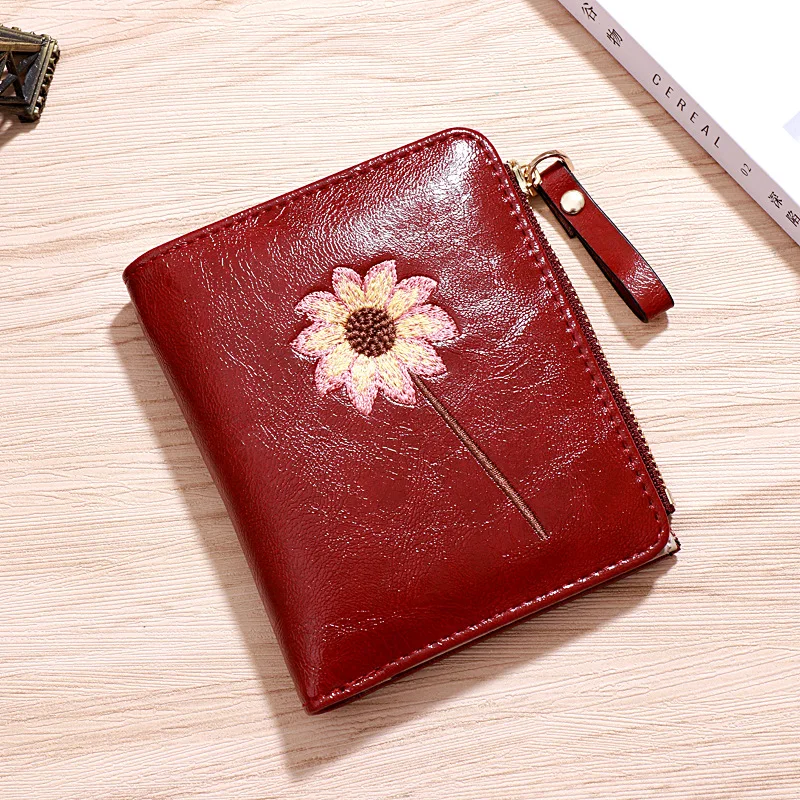 

INS Women's Wallet Small Short Korean Simple Cute Embroidery Flower Student Zipper Buckle Folding Change Money Clip Bag 2019 New