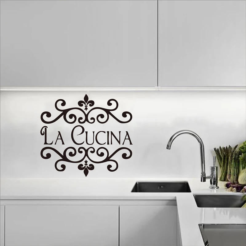 La Cucina Kitchen Wall Sticker Italian Home Kitchen Quote Wall Decor Flower Kitchen Cut Vinyl Waterproof Decor Wall Art Mural