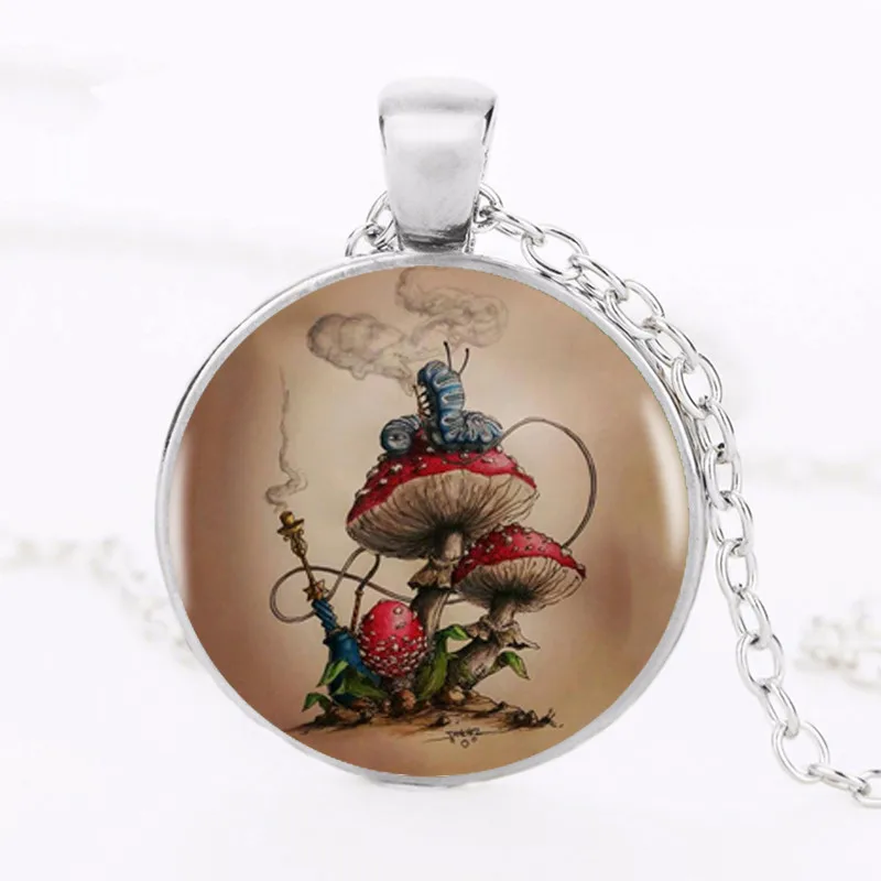 

YAUTION Alice in wonderland - mushroom Pendant Choker Statement Silver Necklace For Women Dress Accessories Glass Jewelry