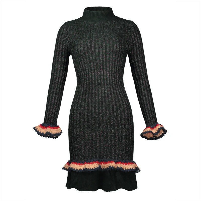 Young17 Autumn Dress Women Green Blue Stand Collar Falbala Patchwork Sweater Knitted Mermaid Pullover Dress Warm