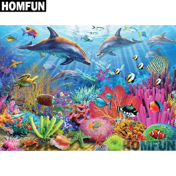 

HOMFUN Full Square/Round Drill 5D DIY Diamond Painting "Dolphin Coral Reef" 3D Embroidery Cross Stitch 5D Home Decor A00771