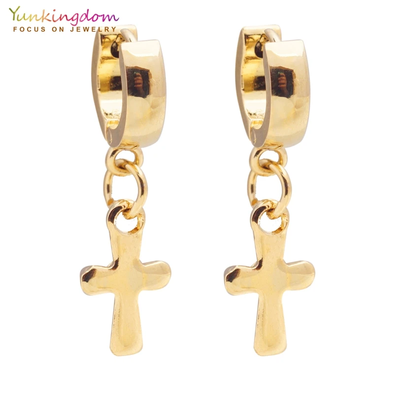 

Yunkingdom top quality cross long earrings stainless steel gold color hoop earrings for women UE0305