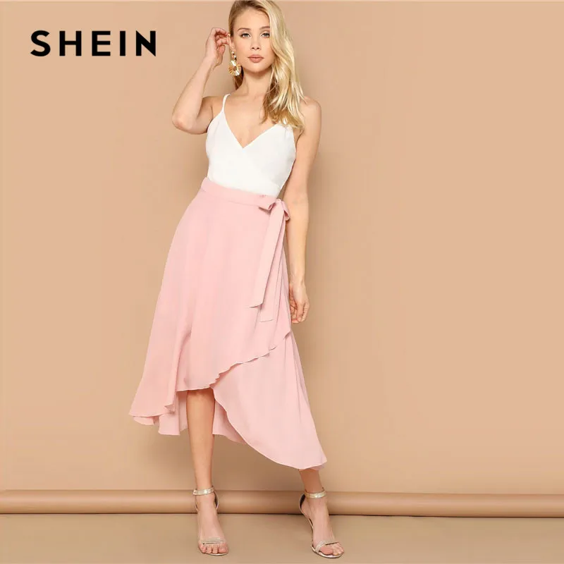 SHEIN Асимметричная Однотонная Юбка С Узлом Женская Летняя Розовая Богемная Юбка С Поясом