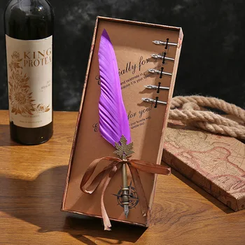 

BECODE Gold Luxury Feather Pen Vintage Fountain Pen Set Colorful Dip ink Quill Office Writing Pens birthday gift Calligraphy pen
