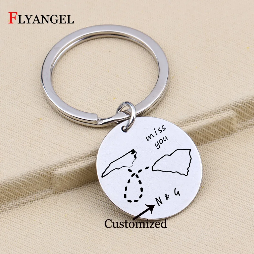 Stainless Steel Customized Name Keychain Engraved Miss You Lovers Couples Charm Keyring Key