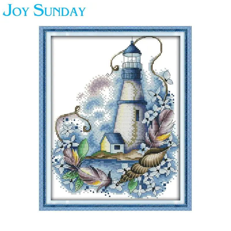 

Hot Sell Mini Joy Sunday Cross Stitch Kits Needle Crafts Blue Lighthouse Pattern 11 14CT Printed Embroidery Kit Needlework Sets