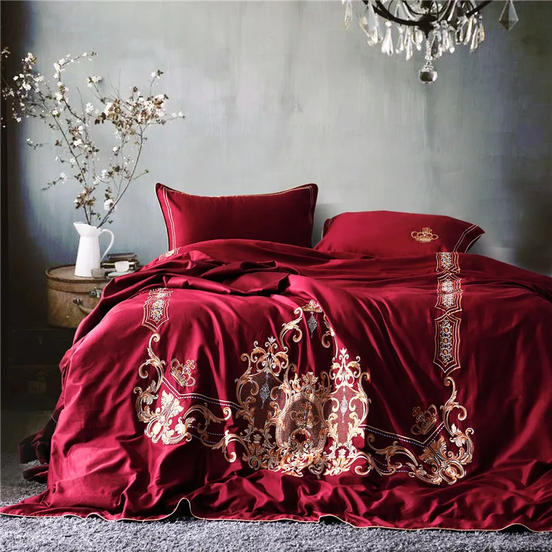 

wine Red luxury Golden Royal Embroidery Egyptian Cotton Bedding Set Queen King Size Duvet Cover Bed Linen Bed sheet Pillowcases