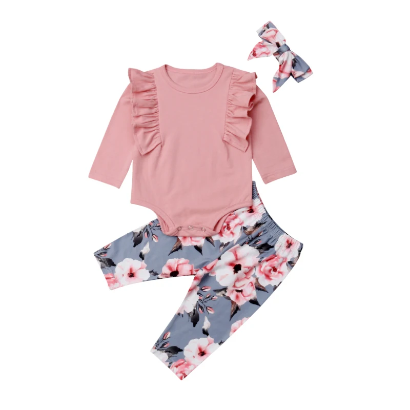 Верхний комбинезон с цветочным принтом для новорожденных девочек; длинные штаны; повязка на голову; комплект одежды с оборками; roupa infantil - Цвет: Многоцветный