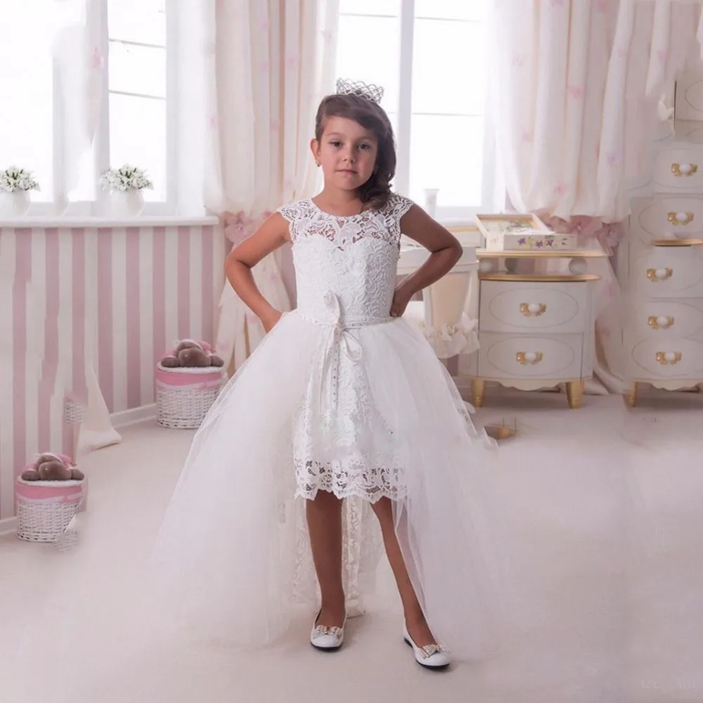 

White Lace Girls Dresses with Detachable Train Elegant Hi-Lo Flower Girl Dresses for Wedding Kids Prom Gown