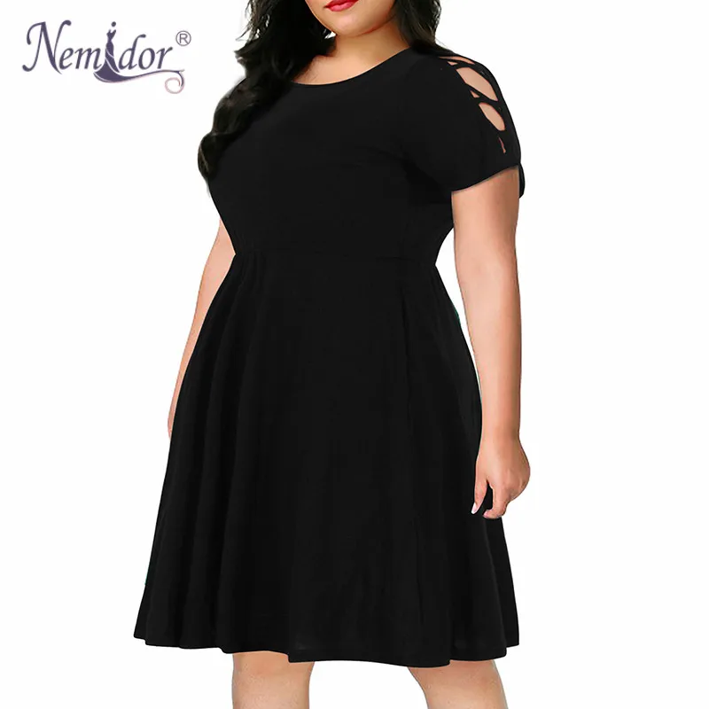 Nemidor Women Casual O-neck Short Sleeve Stripe Print A-line Dress Plus Size 7XL 8XL 9XL Swing Fit and Flare Dress With Pockets