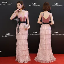 Вечернее платье без рукавов с розовыми блестками и кисточками; модные вечерние платья на тонких бретелях; вечерние длинные платья на молнии; E043