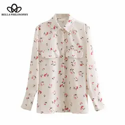 Bella Philosophy винтажные шикарные топы с цветочным принтом, рубашки с отворотным воротником, уличная одежда с длинным рукавом, женские блузки