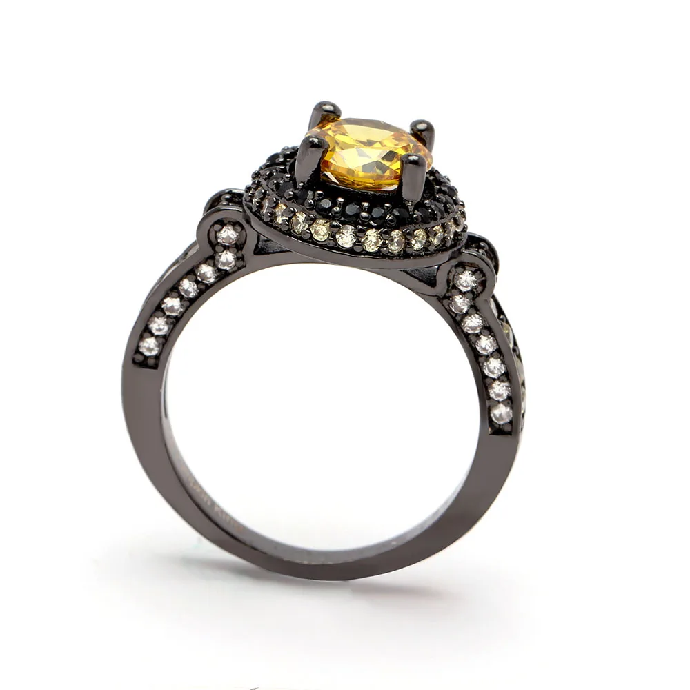 Hainon Luxury Princess Cut Yellow CZ Ring with Micro Paved Clear Zircon