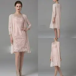 2019 элегантный розовый мать невесты платья для женщин шифоновая с длинными рукавами 2 шт. вечерние платья под заказ сделано по колено платье