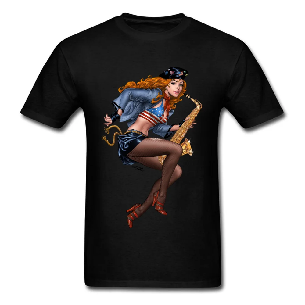 Cool Saxophone Playing Redhead Pinup Tops Shirt New Fashion Crew Neck Funny Short Sleeve 100% Cotton Student T Shirt Tee Shirts Cool Saxophone Playing Redhead Pinup black