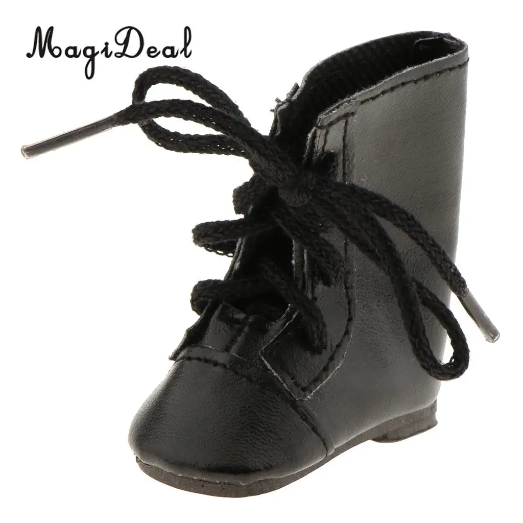1Pair PU Leather Handmade Shoes Lace Up Combat Boots for 14 Inch   Doll Outdoor Indoor Clothing Accs