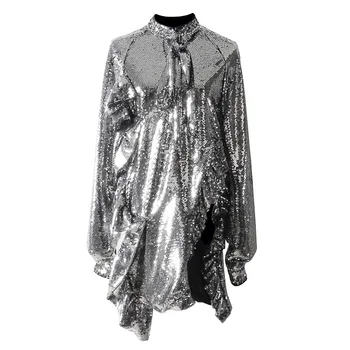 

Ladies spring sequin dress 2019 sexy nightclub Judi heavy work sequins shiny ruffled long-sleeved dress female