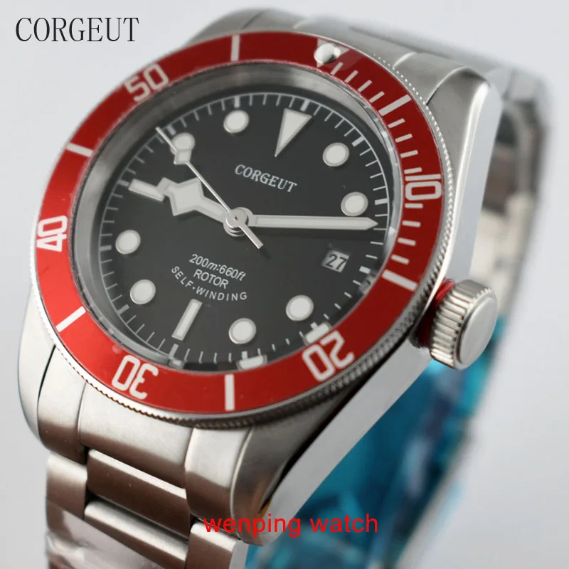

corgeut black sterile dial red bezel luminous Sapphire crystal automatic mens Watch