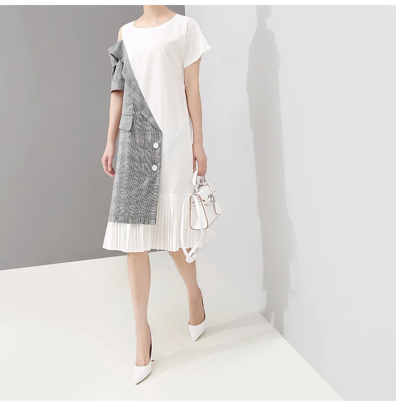 Элегантное клетчатое Плиссированное летнее платье средней длины с пуговицами корейское свободное платье с короткими рукавами