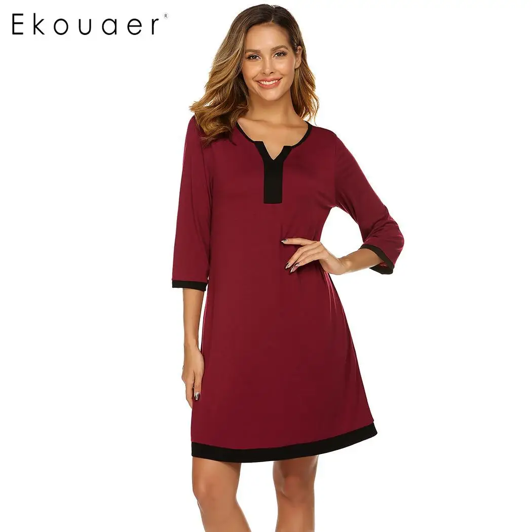 

Ekouaer Ladies Loose Nightdress Summer Nightgowns V-Neck Patchwork Sleepshirts Night Dress Women Lounge Wear Clothes