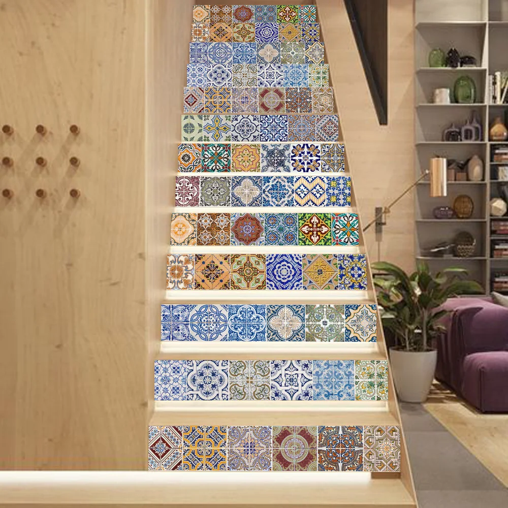 

13Pcs/Set 3D Chinese Narion Wind Geometric Patterns Series Home Decoration Corridor Wall Post Mural Stair Steps 18*100 HJJW009