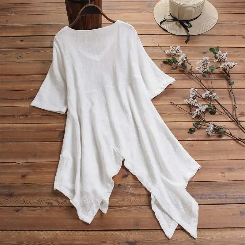 Blusas Топ 2019 ZANZEA летняя блузка для женщин Повседневное короткий рукав свободная Туника Топы корректирующие модные однотонные работы ПР