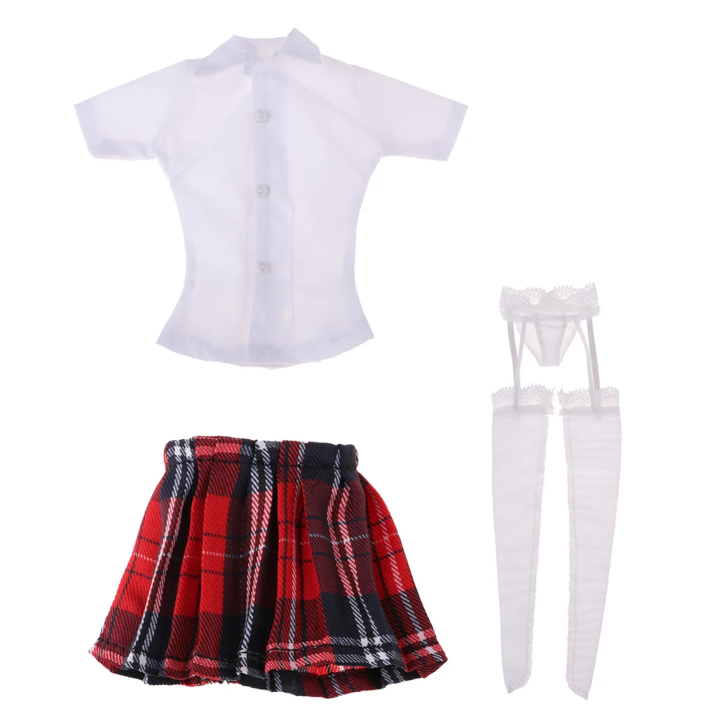 1:6 Scale Schoolgirl Shirt and Skirt & Garter Stockings for 12inch Phicen Steel Female Body Cloth