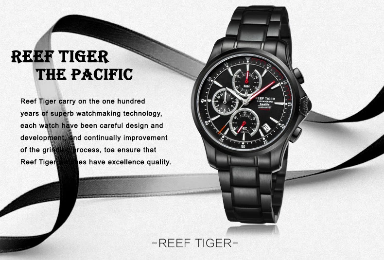 Reef Tiger/RT мужские спортивные кварцевые часы с хронографом и датой черные стальные повседневные часы с супер светящимися RGA1663