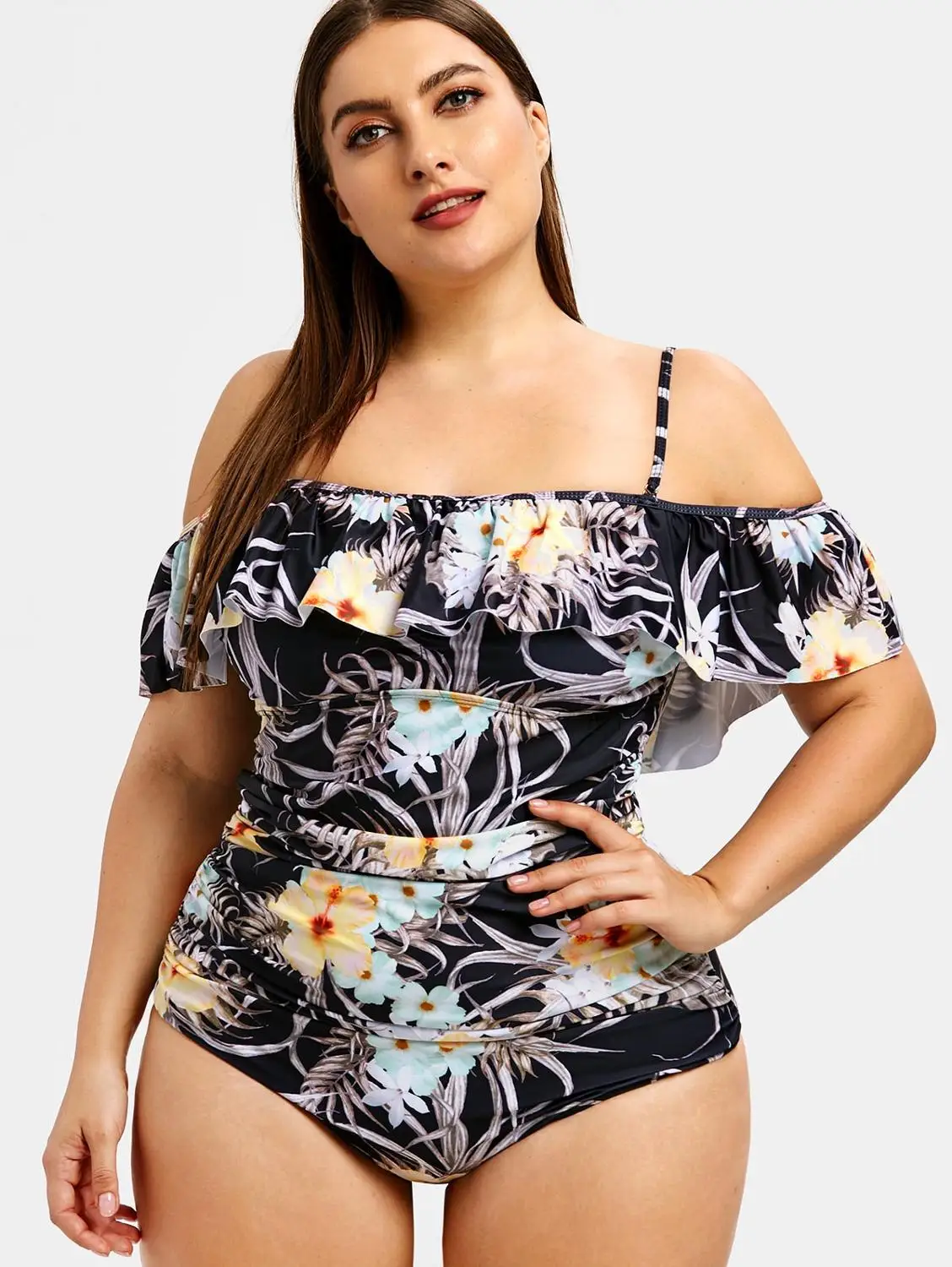 Плюс размер с рюшами и цветочным принтом отделка купальников Спагетти ремни Цельный купальник большой комплект для женщин темная пляжная одежда XXXL 5XL