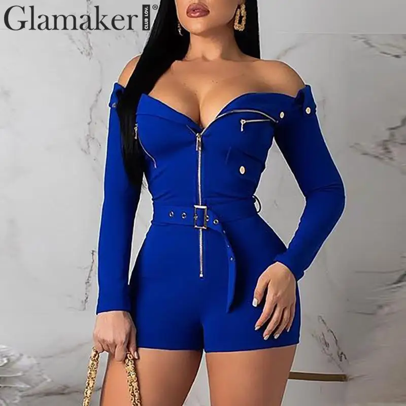 

Glamaker Off shoulder long sleeve sexy jumpsuit Short playsuit overalls for women jumpsuit romper Belt club female jumpsuit 2019