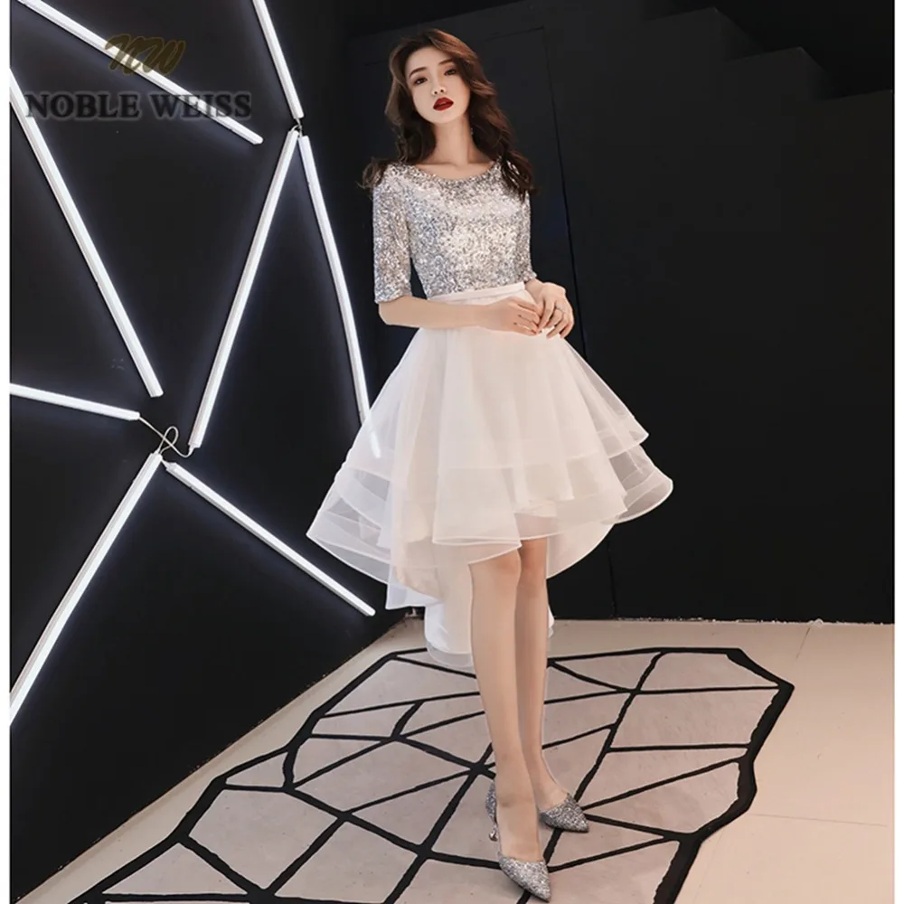 

prom dresses o-neck ivory tulle vestidos de festa high/low prom dress sexy sequined party dresses with half sleeves