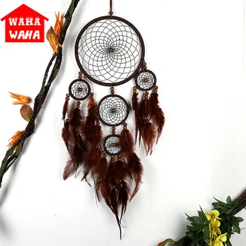 

Newest Five Rings Weave Net Dream Catcher Indian Style Home Hanging Decoration Bead Ornament with Feather Pendant