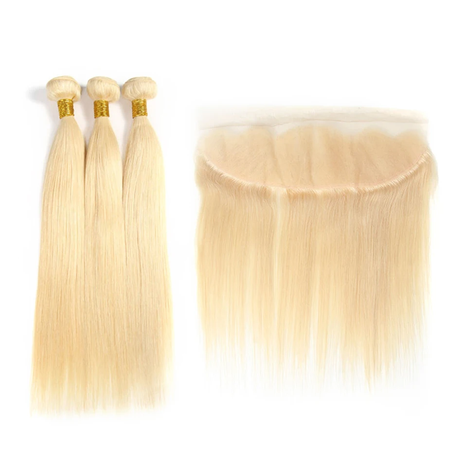 

Halo Hair 613 Blonde Straight Brazilian Hair Weave Human Hair Bundles with Frontal 3PC Remy Hair and 1PC Lace Frontal
