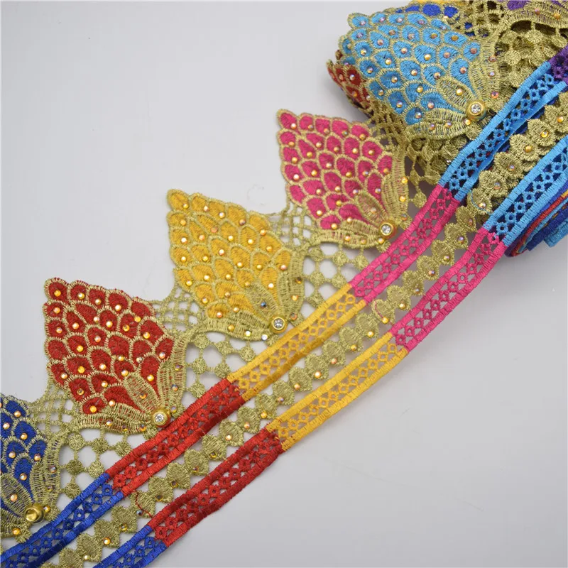 

10yards Peacock tail mixed color Metallic Embroidered Motif Lace Nigeria Venice Trim Crochet Cord Wide 14CM